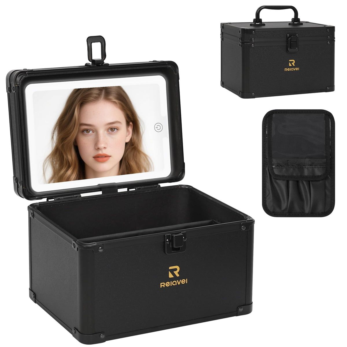 Relavel Travel Makeup Bag With LED Mirror, Cosmetic Train Case with Light up Mirror, Portable Makeup Artist Organizer Bag with Adjustable Dividers, Makeup Brush Holder Storage, Black