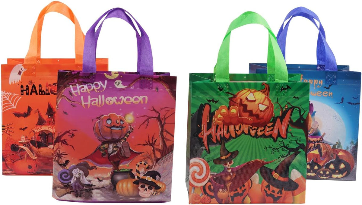 Lyforpyton 4Pcs Halloween Goodie Bags, Small Non-Woven Gift Bag with Handles, Suitable for Halloween Trick or Treat Party, 9"x8.6"x4.3"