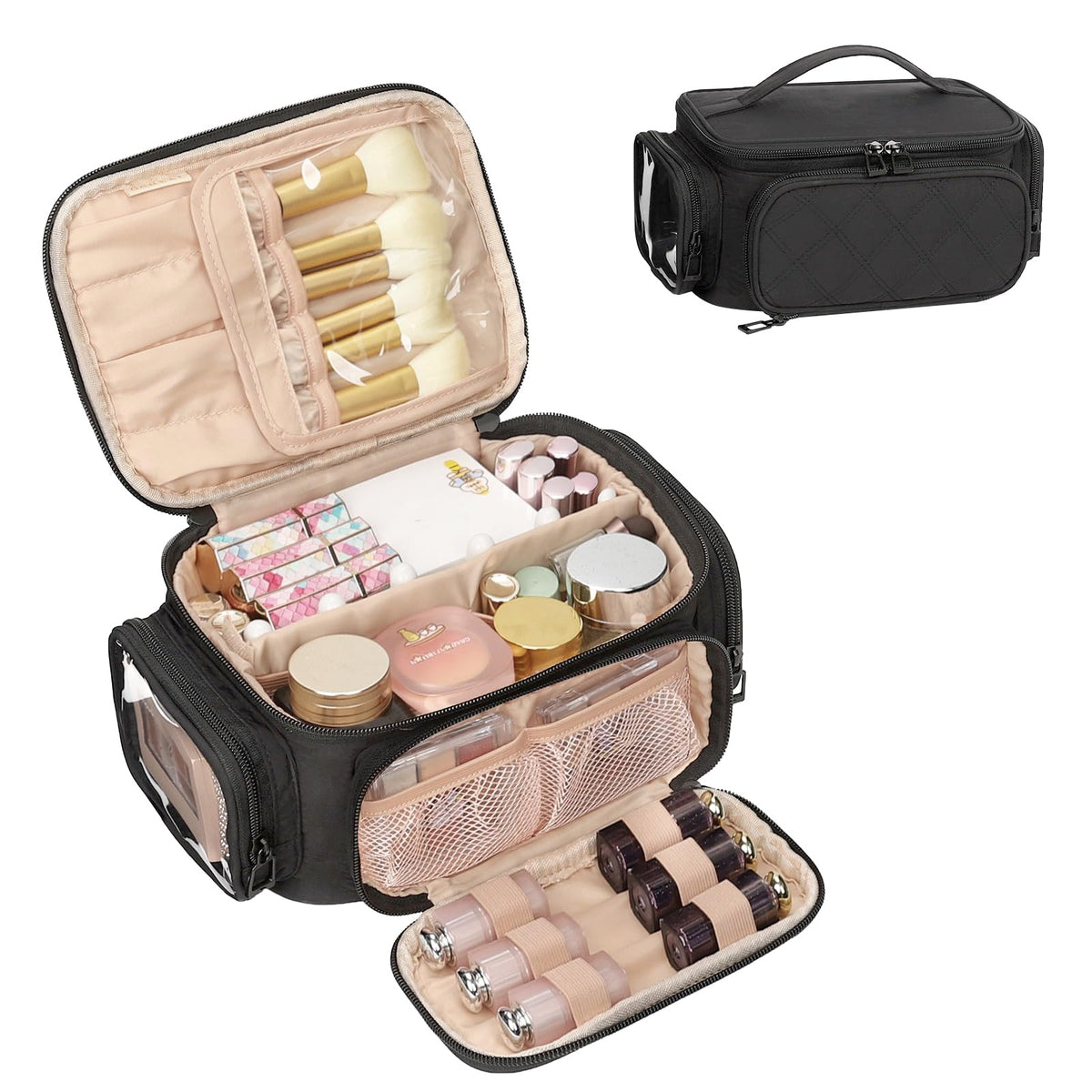OCHEAL Makeup Bag, Portable Cosmetic Bag, Large Capacity Travel Makeup Case Organizer, Black For Women Toiletry Bag for Girls Traveling With Handle and Divider