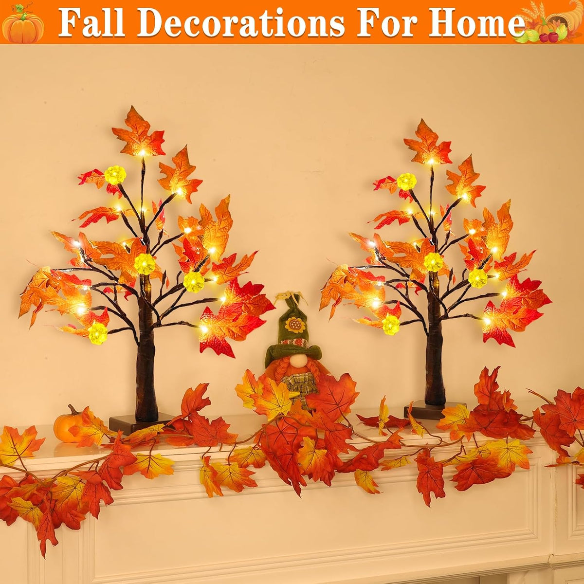 TURNMEON Thanksgiving Decor 2 Pack 18 Inch Prelit Fall Maple Tree 48 LEDs