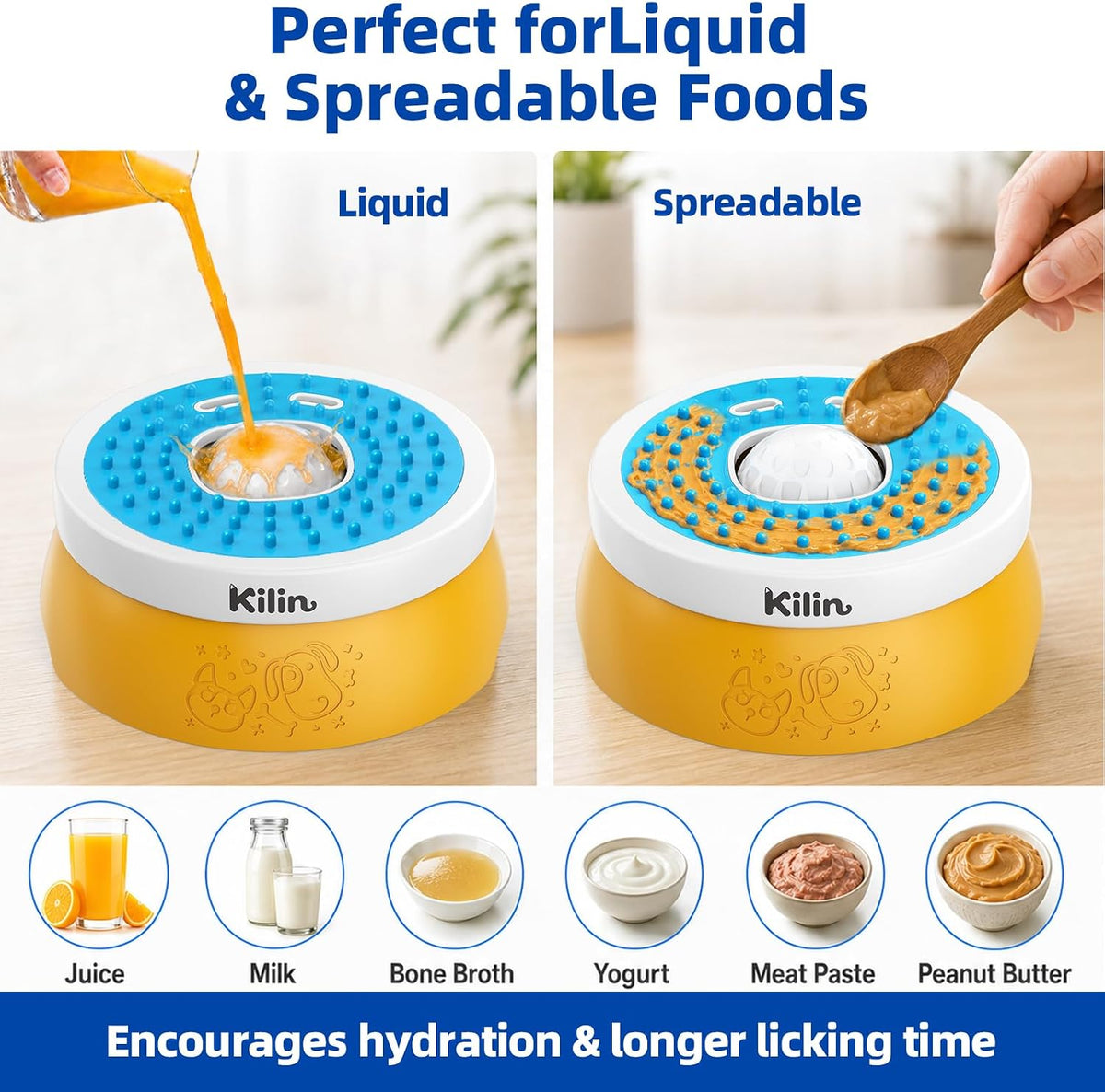KILIN Slow Feeder Dog Licking Bowl with Rolling Ball,4 Non-Slip Pads,8fl oz