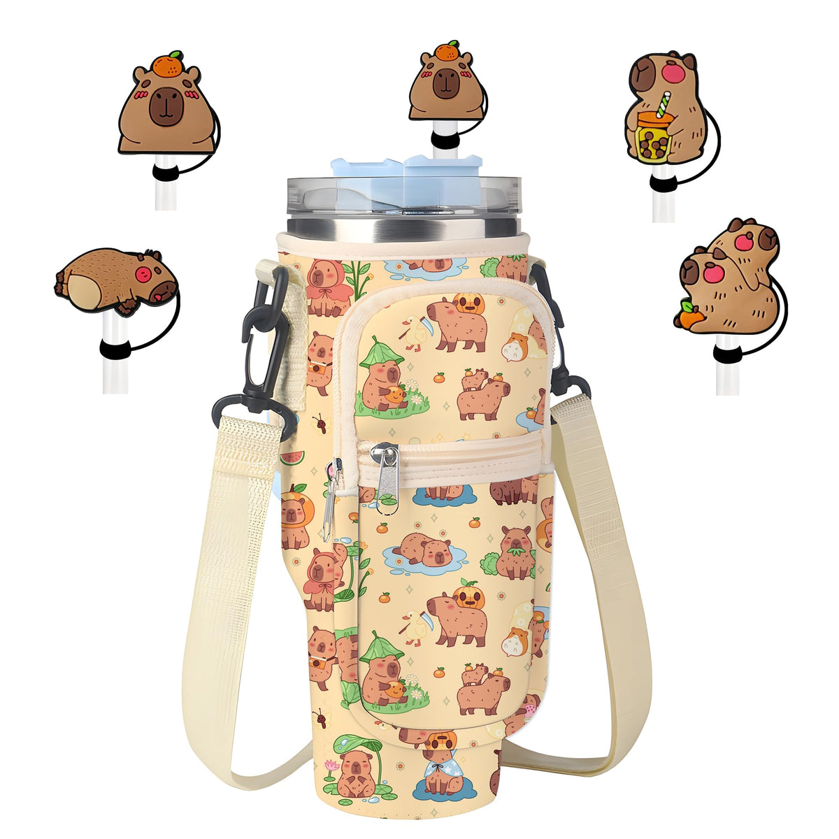 Stanley Cup Bag, Cup Holder for Stanley 30oz/40oz Tumbler with Handle, Stanley Carrier Bag with 4Pcs Cute Straw Topper for Stanley Cup Accessories