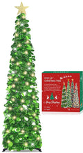 HMASYO 6 FT Pop Up Christmas Tree with 100 LED Timer Lights & Remote, Green Christmas Tinsel Tree, Collapsible Artificial Pencil Tree for Home Office Party Decor, USB Powered, Easy Assembly