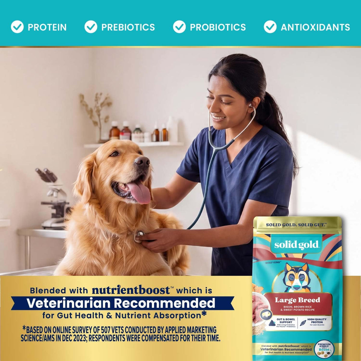Solid Gold Bison Dry Dog Food for Large Dogs – High Protein, Whole Grain Kibble with Real Bison, Brown Rice & Omega 3 – Large Kibble w/Probiotics for Gut Health - Adult Dog Food - Nutrientboost™–22LB