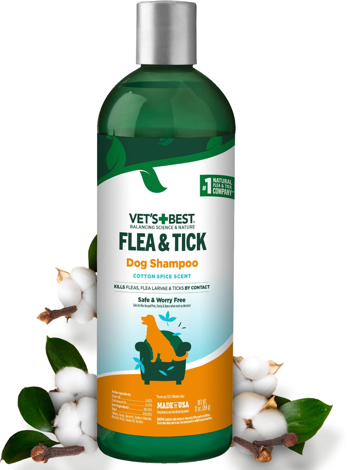 Vet's Best Flea & Tick Shampoo for Dogs, Plant-Based, 12 oz | Advanced Strength Shampoo, Kills Fleas & Ticks, Plant-Based Formula, Cleans & Freshens Coat, Made in USA