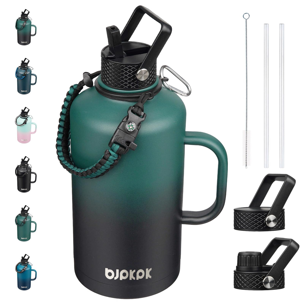 BJPKPK Half Gallon Insulated Water Bottles with Straw Lid & Side Handle, 64oz Large, Stainless Steel Water Bottles with 3 Lids and Paracord Strap, Metal Water Jug,Black