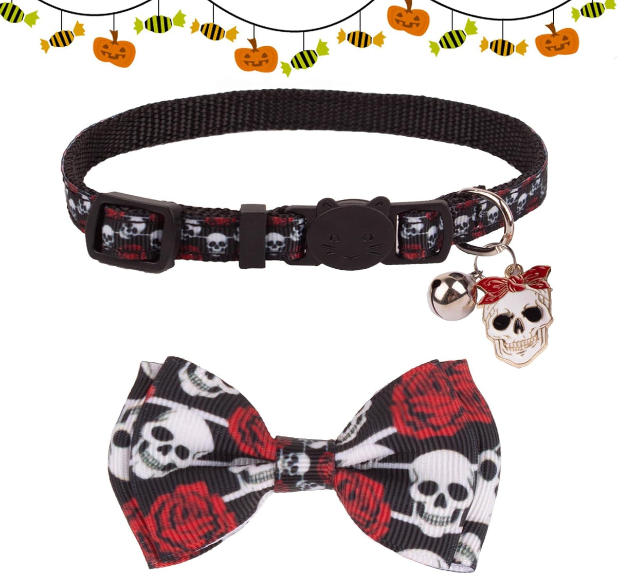 ADOGGYGO Halloween Cat Collar with Bow Bell, Skull Cat Bow Tie Collar