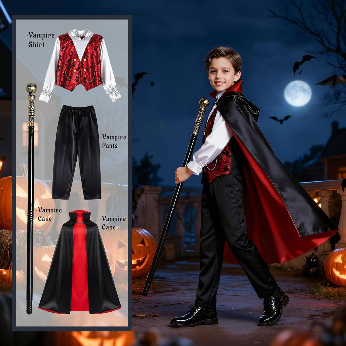 Boys Vampire Costume Set, Halloween Party Vampire Cosplay Outfit with Cape, Shirt, Pants & Cane, kids dracula costume
