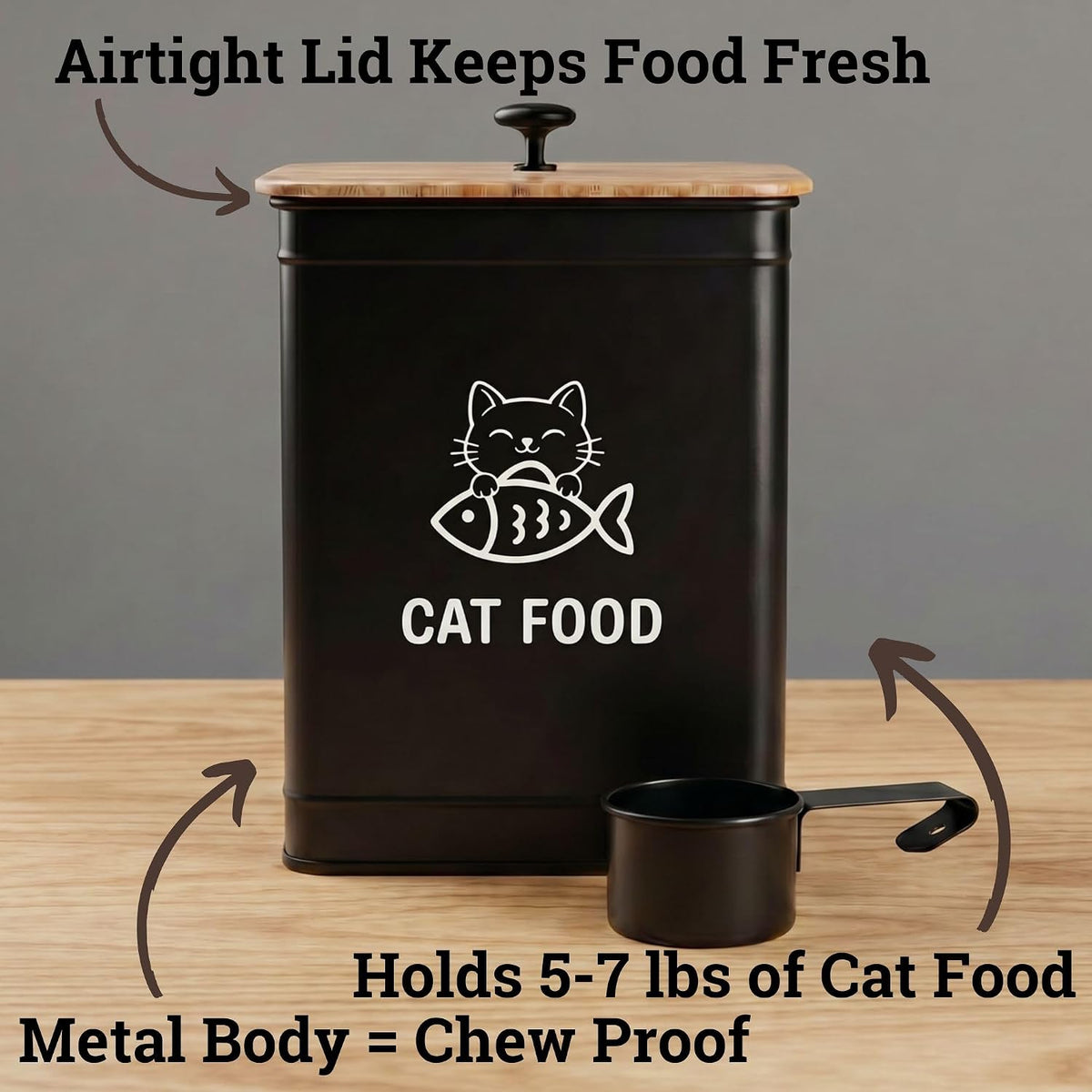 Cat Food Container with Scoop 5-7 lb (25 Cup), with Airtight Bamboo Lid | Cat Kibble Canister with Metal Scoop, 25 Cups, Chew Proof Iron Body, Powder Coated, Airtight Bamboo Lid, Sturdy Metal Handle