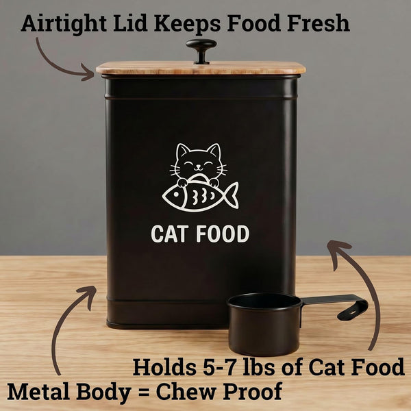 Cat Food Container with Scoop 5-7 lb (25 Cup), with Airtight Bamboo Lid | Cat Kibble Canister with Metal Scoop, 25 Cups, Chew Proof Iron Body, Powder Coated, Airtight Bamboo Lid, Sturdy Metal Handle