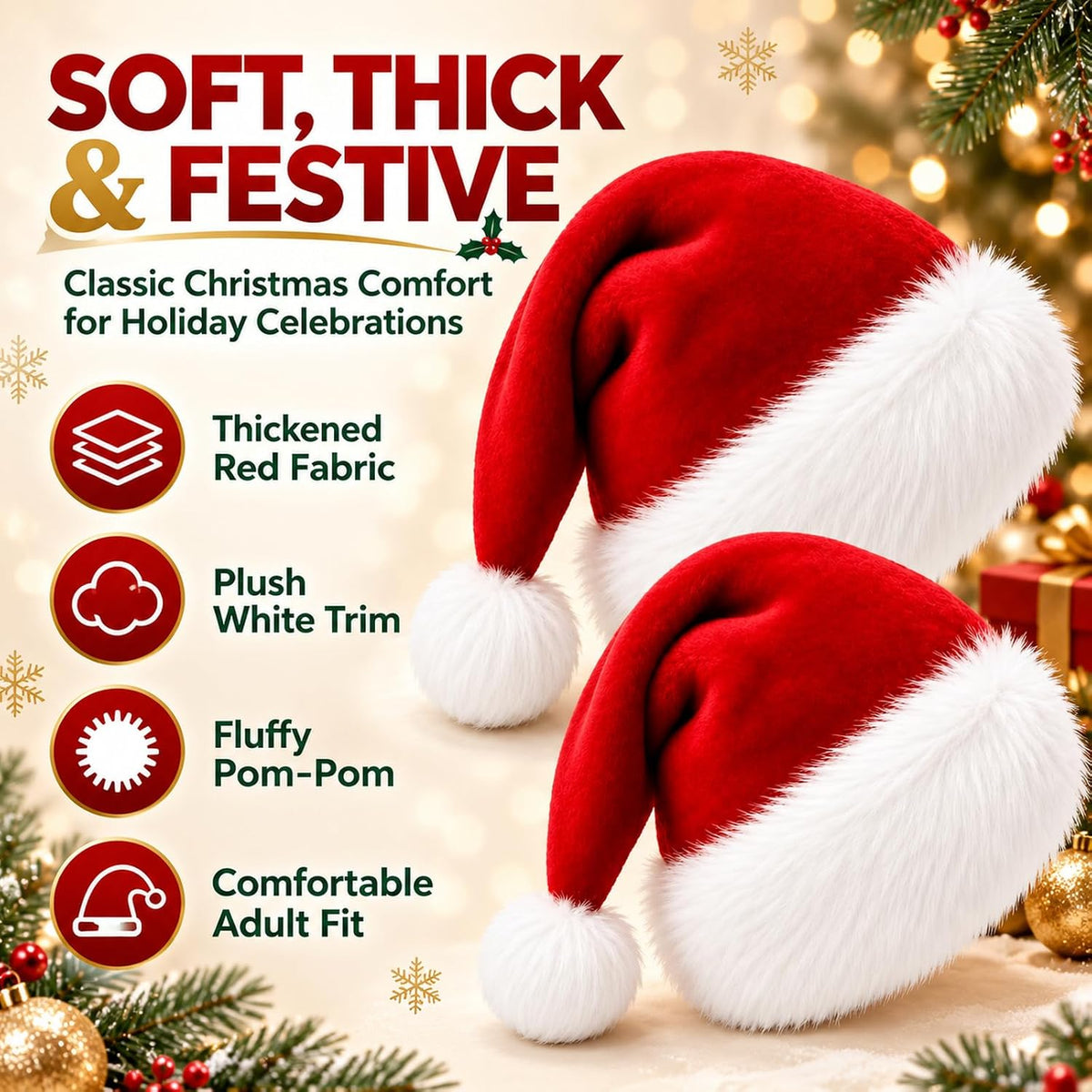 Christmas Santa Hat Hats for Adults Thicken Soft Comfort Adult Headwear Costume Headband Accessories Xmas Holiday Decorations New Year Party Favors Elf Hair Gorros De Navidad Para Adultos
