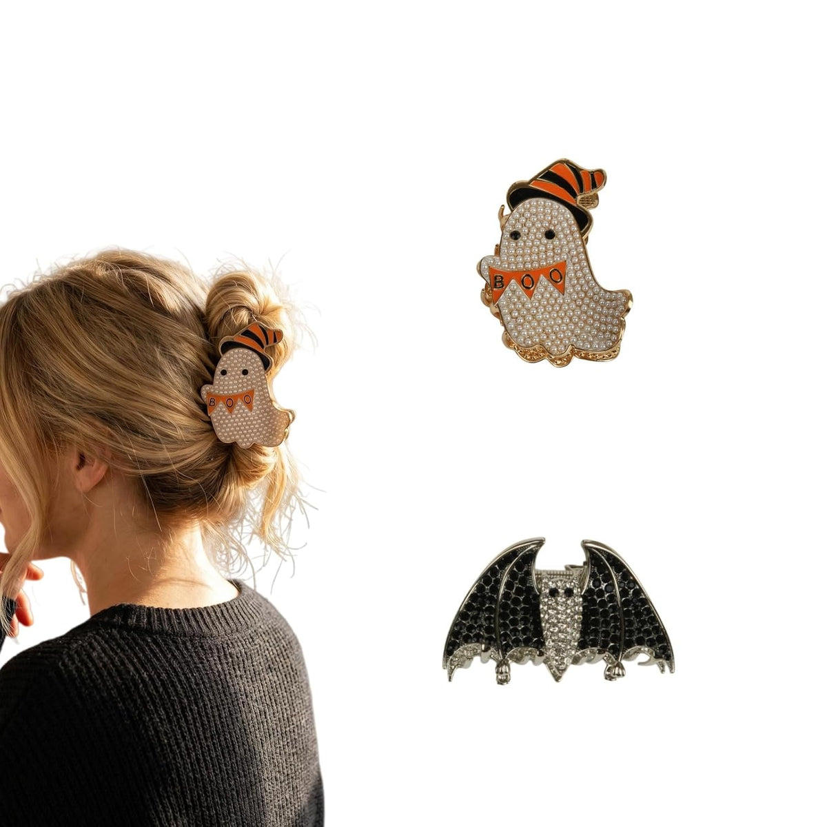 2 Pcs Halloween Ghost Bat Hair Claw Clips for Women Cosplay