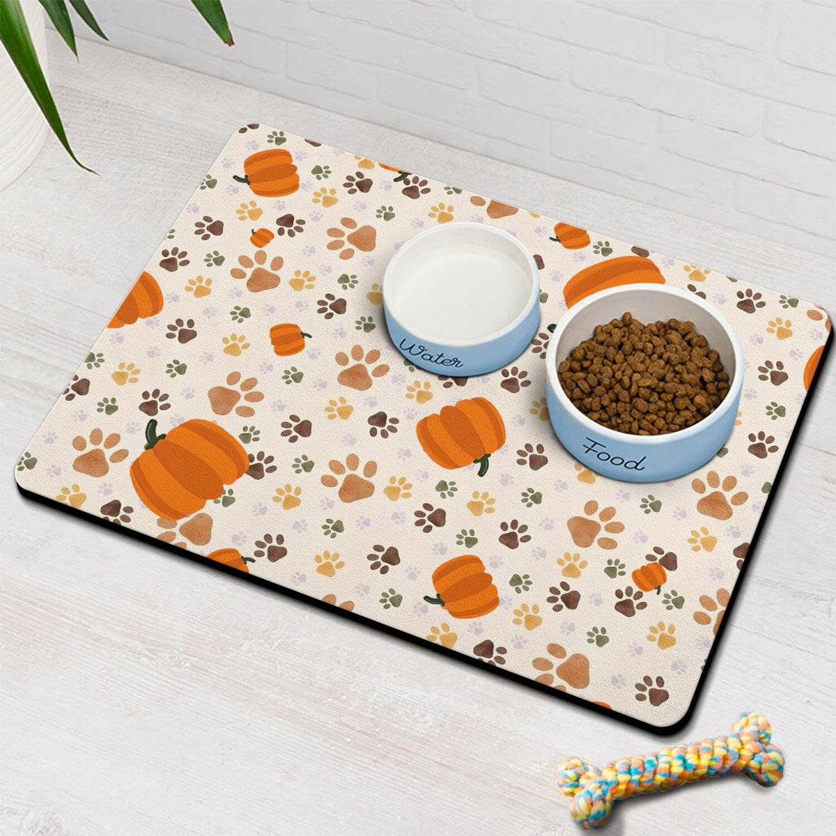 Fall Pumpkin Dog Food & Water Mat, Paw Prints Autumn Pet Feeding Mat for Floor Non-Slip Waterproof, Super Absorbent Cat Bowl Mat, Easy to Clean Eco-Friendly Durable Pet Placemat,12" × 20"