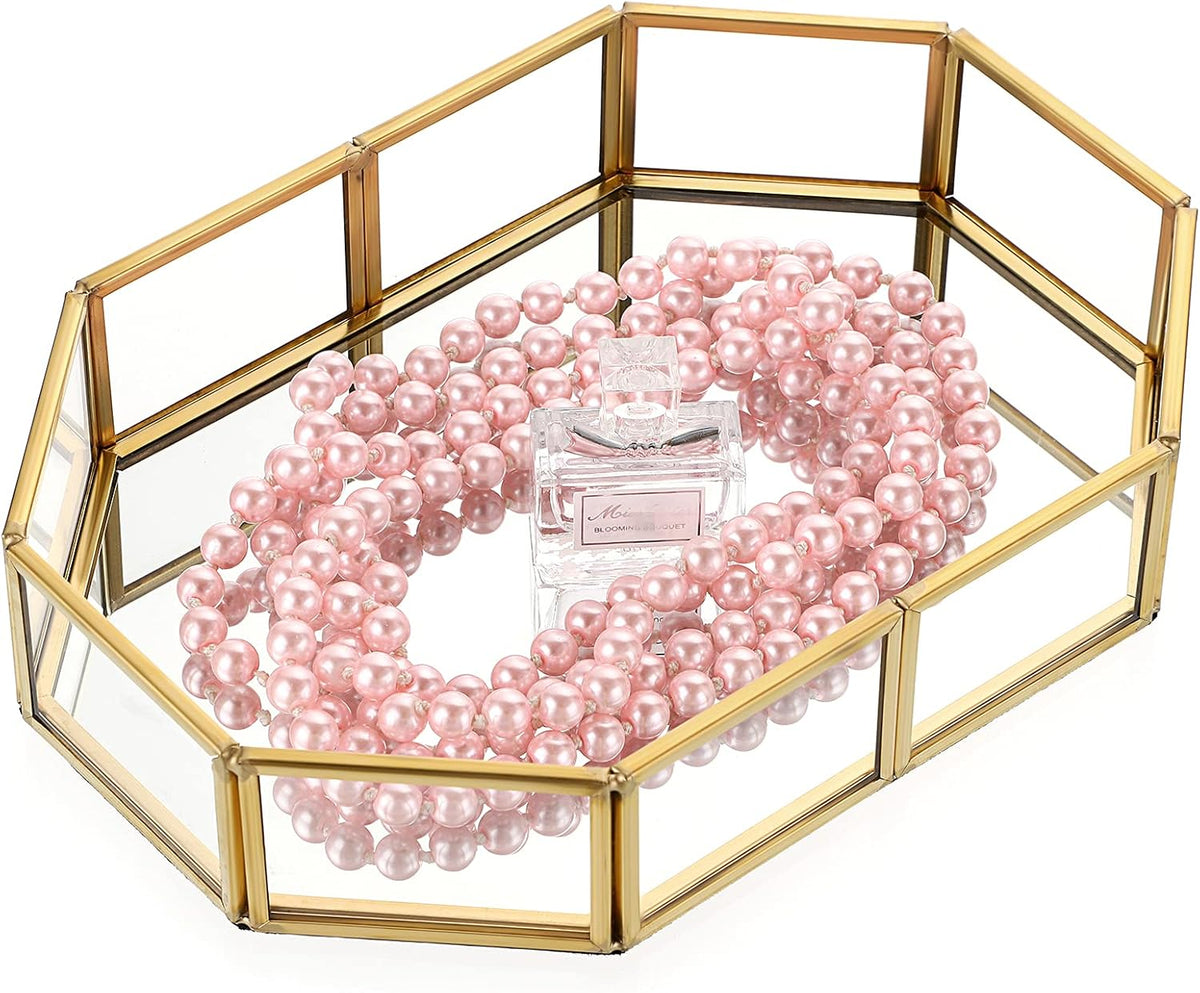 Hipiwe Mirror Glass Vanity Tray - Gold Ornate Makeup Organizer Perfume Tray