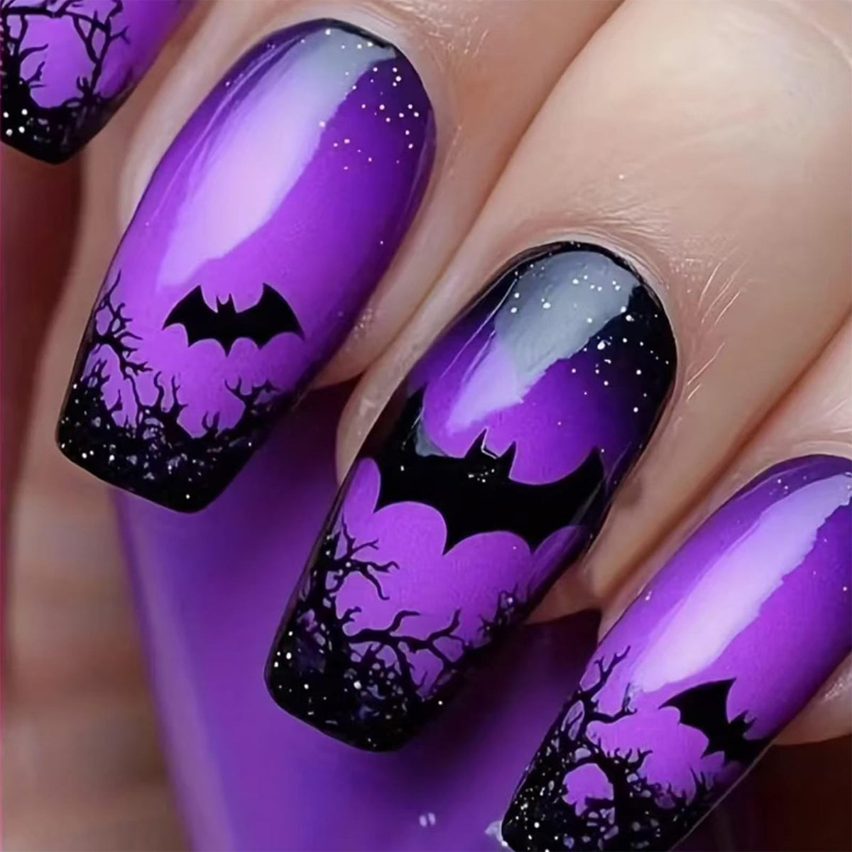 48Pcs Halloween Press on Nails Ghost Stick on Fingernails Monster Short Square False Nails Glossy Black Spider Web Acrylic Fake Nail Skull Gel Glue on Nail for Coquette Women Girls