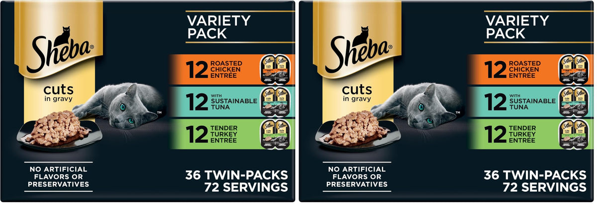 Sheba Perfect Portions Wet Cat Food Cuts in Gravy, Cat Food Wet Recipe, Roasted Chicken Entree, with Sustainable Salmon, Tender Turkey Entree, 2.6 oz. Twin-Pack Trays (24 Count, 48 Servings)