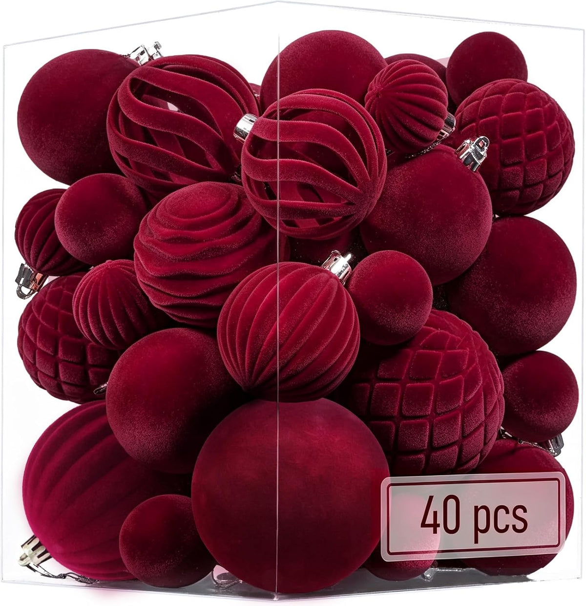 Thewe 40Pcs Velvet Shatterproof Christmas Ball Ornaments Set，Burgundy
