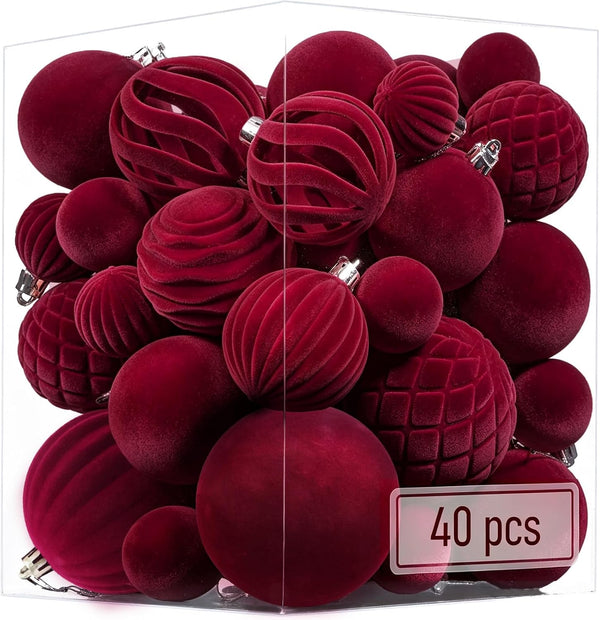 Thewe 40Pcs Velvet Shatterproof Christmas Ball Ornaments Set，Burgundy