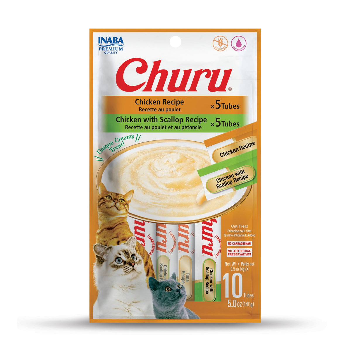INABA Churu Cat Treats, Lickable, Squeezable Creamy Purée Cat Treat with Green Tea Extract & Taurine, 0.5 Ounces Each Tube, 20 Tubes, Tuna Variety