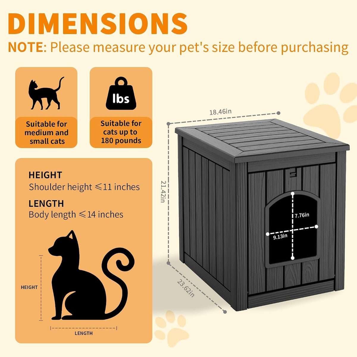 DRATO Outdoor Cat House -Weatherproof Resin Cat Houses for Cats, Durable, Easy Assembly,cat Igloo Outdoor，Durable & Insulated Shelter for Garden, Patio, or Backyard（Black，18.46 * 23.62 * 21.42）