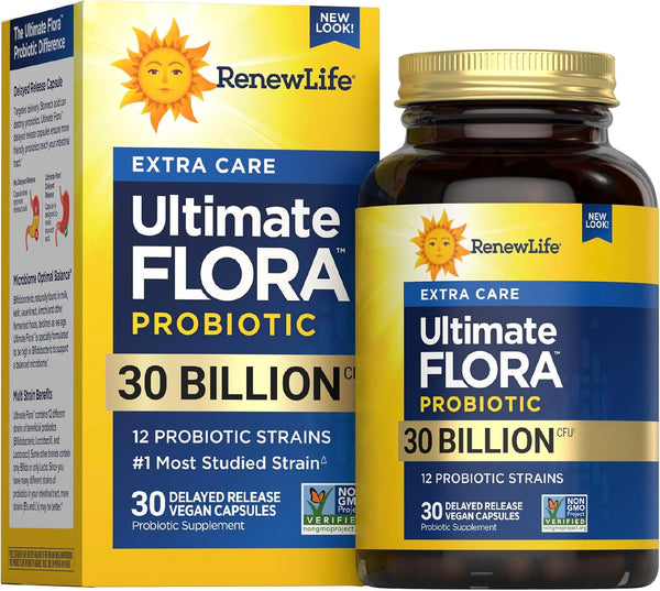 Renew Life Extra Care Digestive Probiotic Capsules, Daily Supplement Supports Immune, Digestive and Respiratory Health, L. Rhamnosus GG, Dairy, Soy and gluten-free, 30 Billion CFU, 30 Count