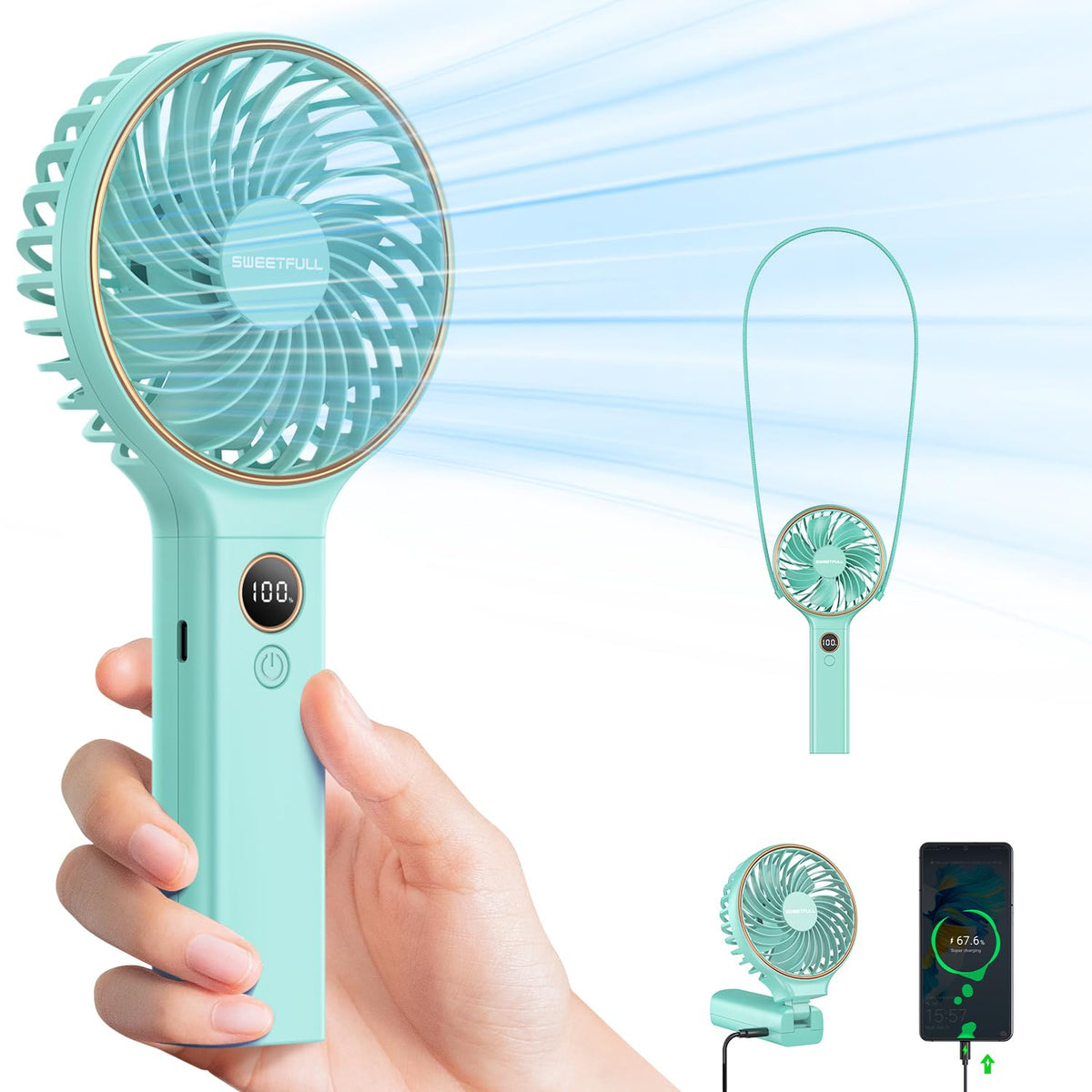 SWEETFULL Handheld Portable Fan, 5000mAh Rechargeable Battery, 6 Speed Wind, LED Digital Display, Foldable Electric Personal Mini Travel Fan with Backup Power, Summer Essentials Gifts for Women Girl