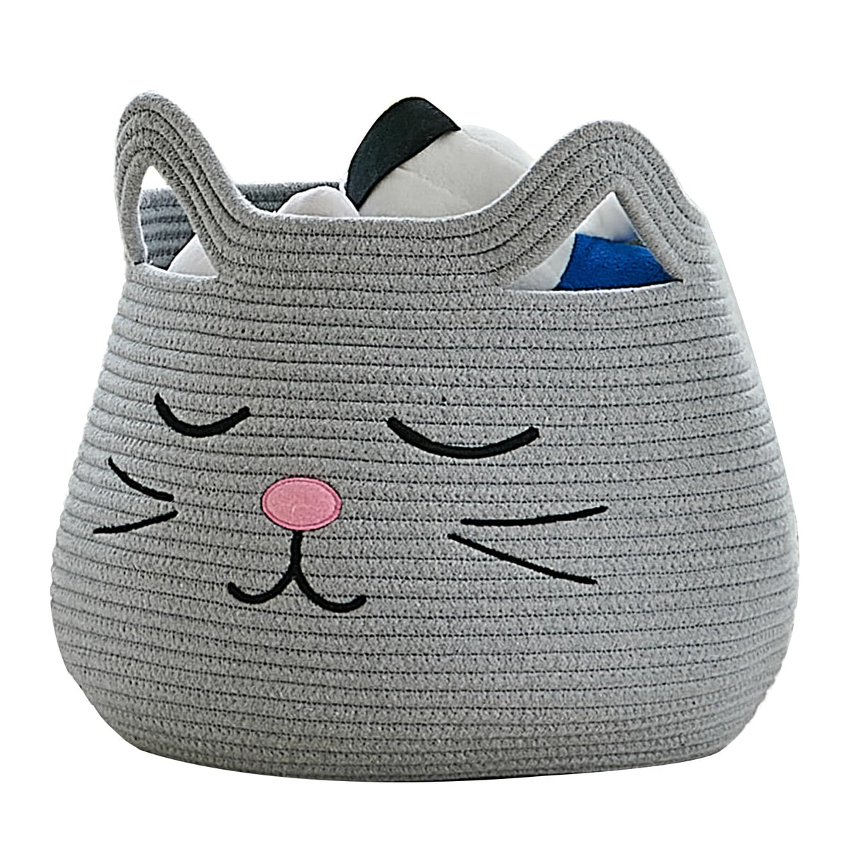 VK VK·LIVING Animal Baskets Large Woven Cotton Rope Storage with Cute Cat Design Laundry Organizer for Towels, Blanket, Toys, Clothes, Gifts – Cat Toy Box Pet or Baby Gift Baskets 15"Lx14H"