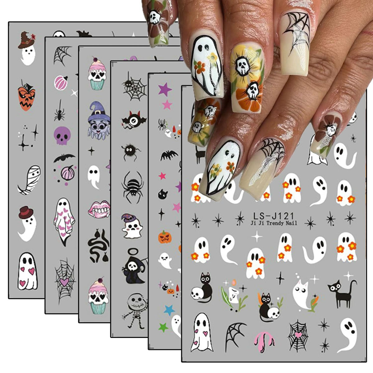Halloween Nail Art Stickers Cute Ghost Pumpkin 3D Self-Adhesive Nail Decals Bat Cat Skull Designs Nail Decorations Halloween DIY Manicure Supplies for Women Girls&Kids 6Pcs