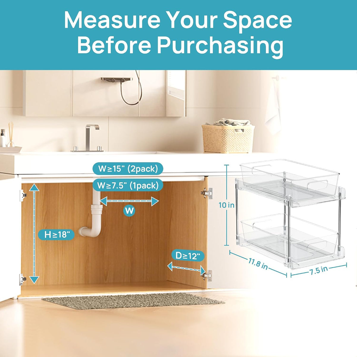 Vtopmart 4 Pack Pull Out Bathroom Under Sink Organizer (S-Standard) | Slide-out drawers, Multi-purpose storage, Clear visibility, Easy Set-up