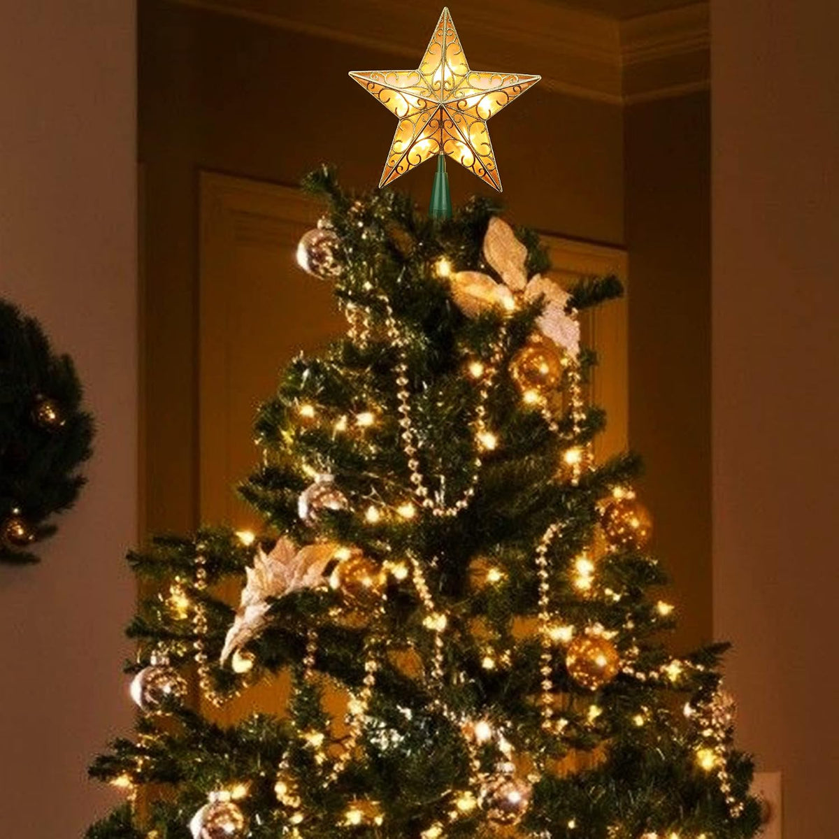ODEETRONIC Christmas Star Tree Topper Lights, 9.5in UL Certified 3D Star Tree Topper, Double Sided Christmas Tree-top with 10 Count Incandescent Warm White Lights for Xmas Tree Home Decor, Gold