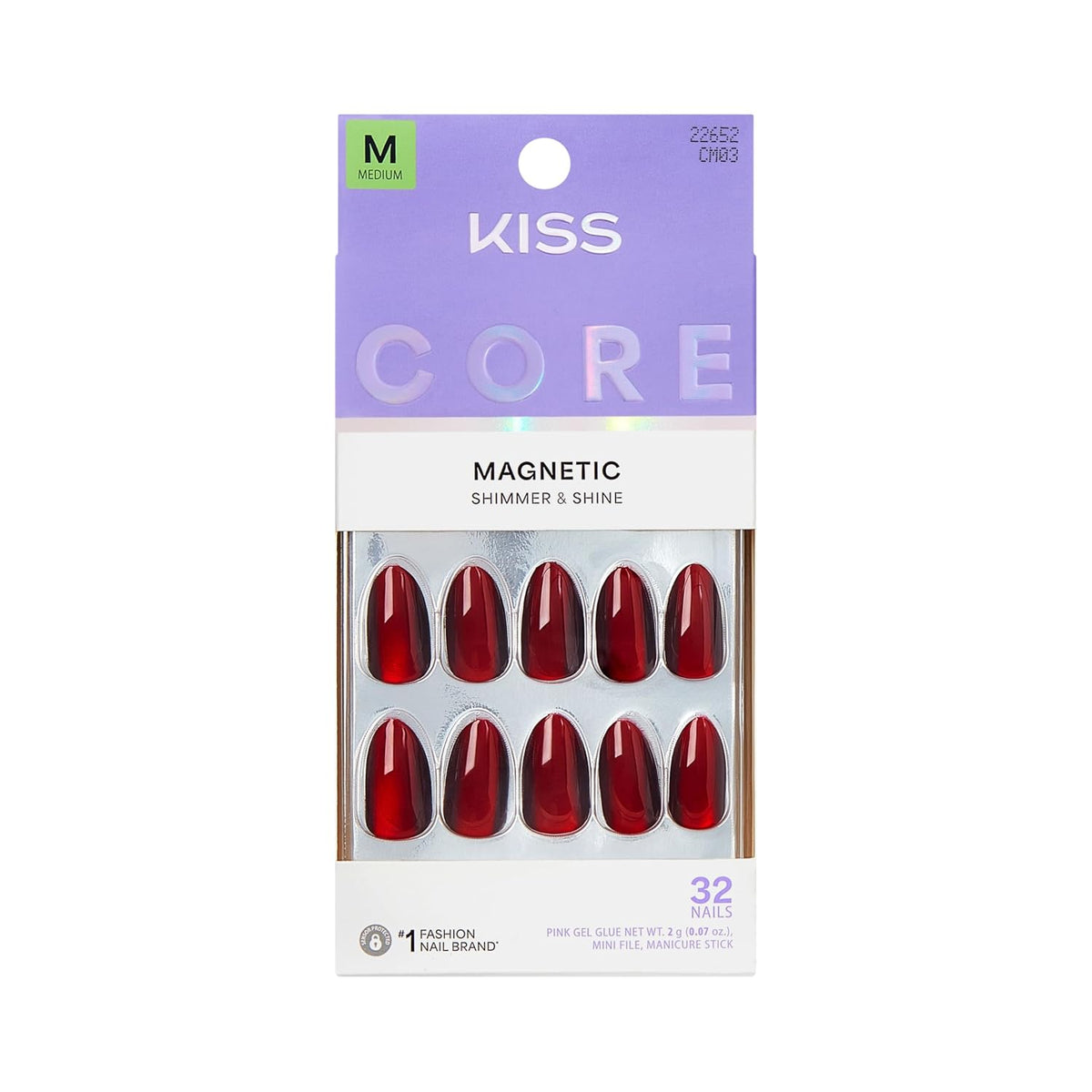 Kiss Core, Press On Nails, Nail glue included, 'Apple Blossom', Red, Medium Size, Almond Shape, Includes 32 Nails, 2g Glue, 1 Manicure Stick, 1 Mini File