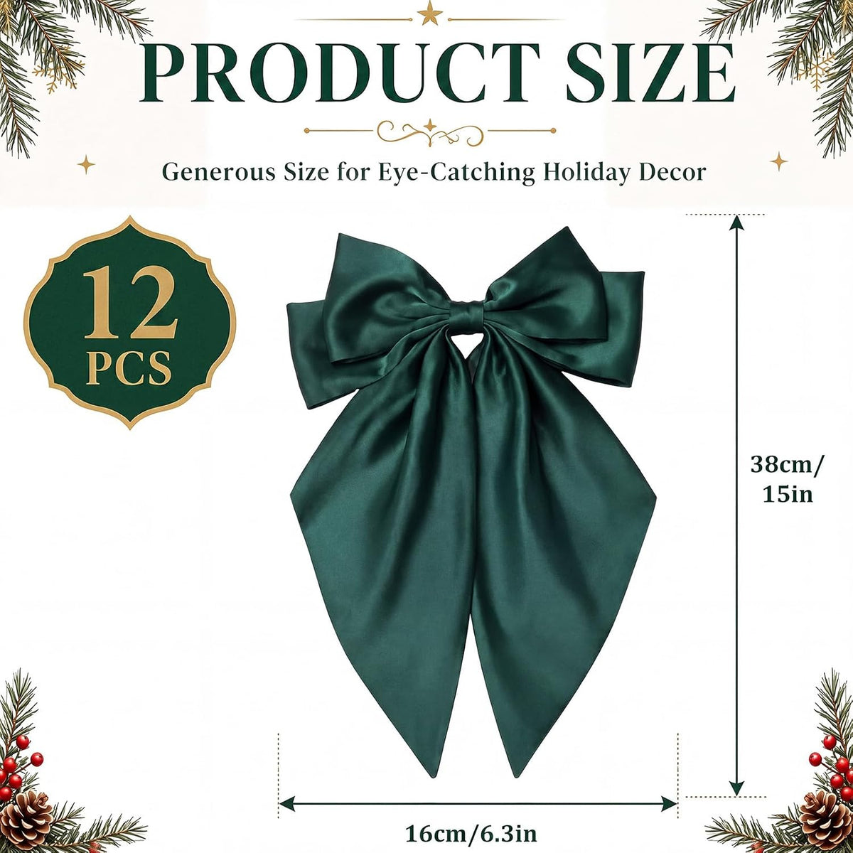 Thiccywoov 12 Pcs Satin Bow for Christmas Tree, Dark Green Long Tail Bows