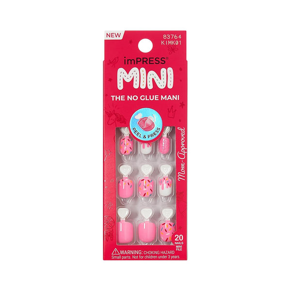 Kiss Impress Mini Mani Press On Nails for Girls & Tween Kids, 20 Super Duper Short Squoval Press-Ons with Pink Glitter Sprinkle, Mom Approved for Small Nail Beds, No Glue Needed, Mini File Included