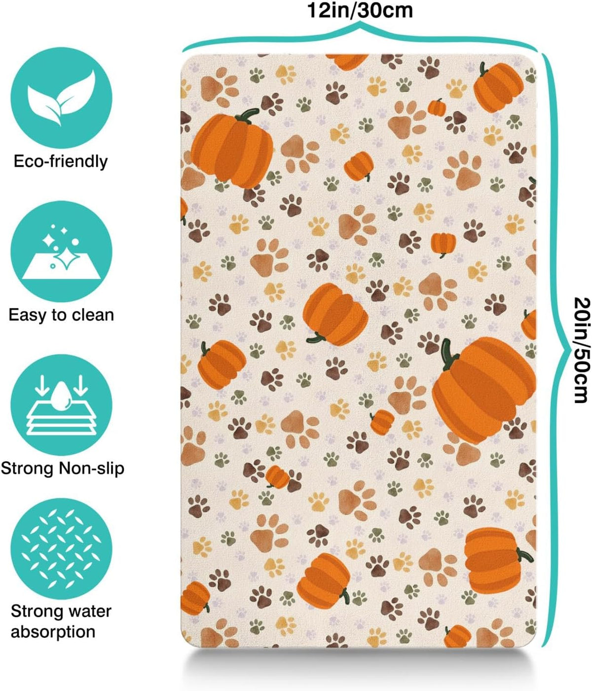 Fall Pumpkin Dog Food & Water Mat, Paw Prints Autumn Pet Feeding Mat for Floor Non-Slip Waterproof, Super Absorbent Cat Bowl Mat, Easy to Clean Eco-Friendly Durable Pet Placemat,12" × 20"