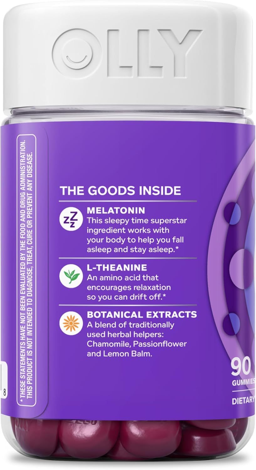 OLLY Sleep Gummies for Adults, 3 mg Melatonin Gummies with L-Theanine, Sleep Support for Restful Sleep*, Non-Habit Forming Sleep Support*, BlackBerry Zen, Gluten Free, 90 Count