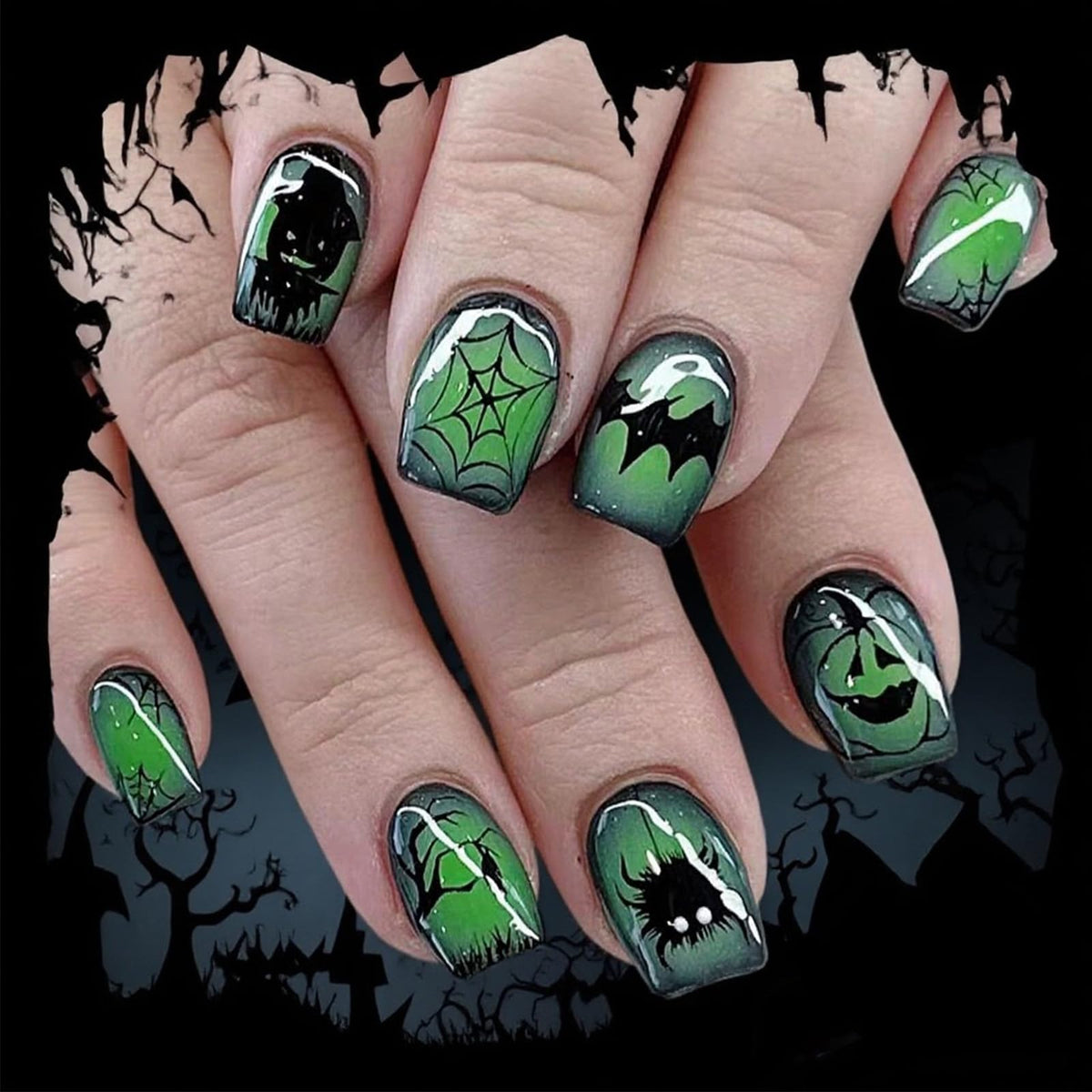 48Pcs Halloween Press on Nails Ghost Stick on Fingernails Monster Short Square False Nails Glossy Black Spider Web Acrylic Fake Nail Skull Gel Glue on Nail for Coquette Women Girls