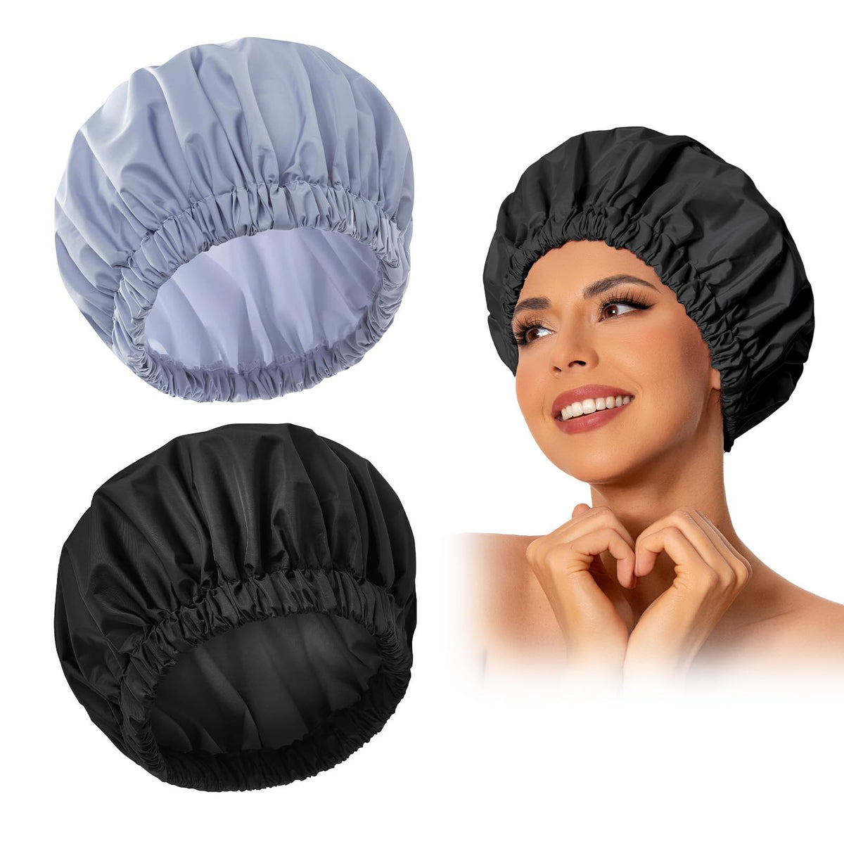 Edoneery Reusable Shower Caps for Women, Waterproof Long Hair Bonnet | Washable Design, Wide Elastic Band, Large Fit, Holds Long Hair, Braids Friendly, Bath Accessories, Spa, Travel