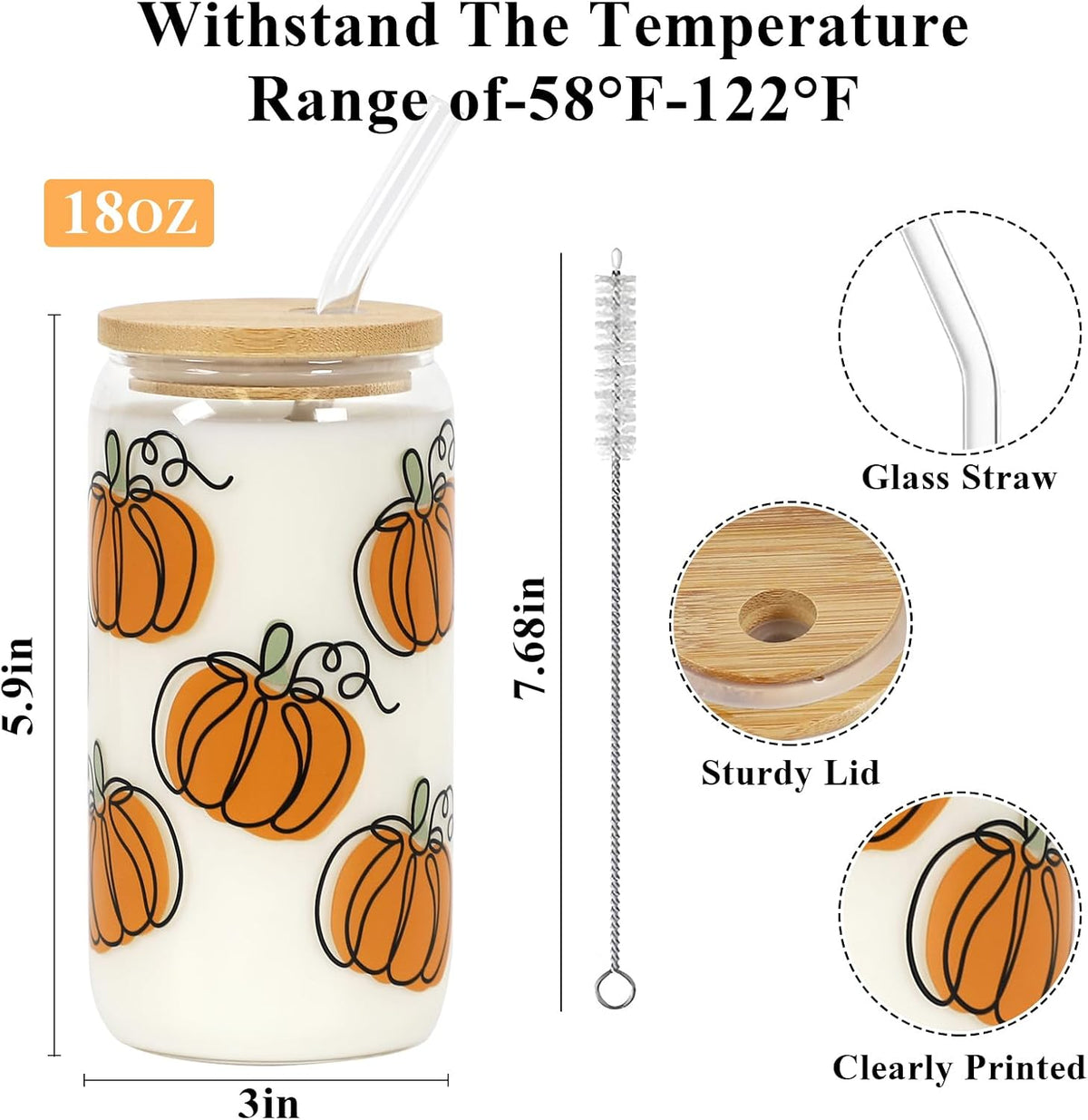 Joyseller 18oz Fall Pumpkin Iced Coffee Glass Cup with Lid & Straw