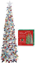 HMASYO 6 FT Pop Up Christmas Tree with 100 LED Timer Lights & Remote, Green Christmas Tinsel Tree, Collapsible Artificial Pencil Tree for Home Office Party Decor, USB Powered, Easy Assembly