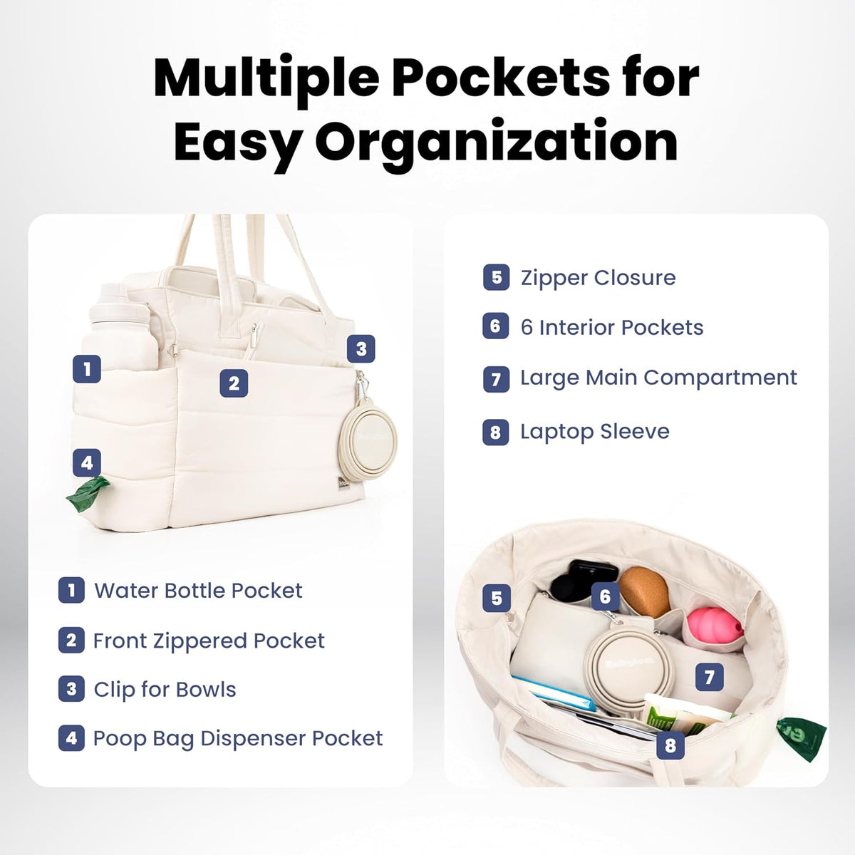 Rubyloo Puffer Dog Travel Bag for Dog Moms, Diaper Bag with Travel Bowls