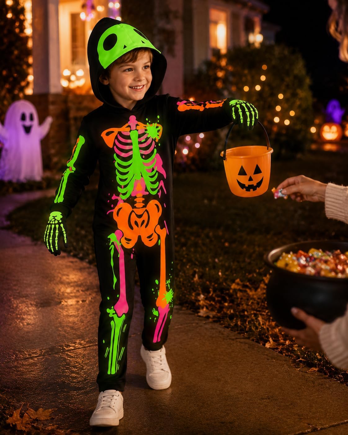 Glow in the Dark Colorful Skull Bones Jumpsuit Halloween Outfit for Kids Unisex Toddler Luminous Skeleton Costumes