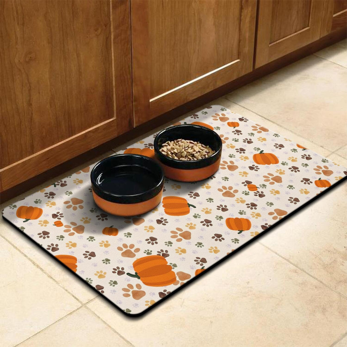 Fall Pumpkin Dog Food & Water Mat, Paw Prints Autumn Pet Feeding Mat for Floor Non-Slip Waterproof, Super Absorbent Cat Bowl Mat, Easy to Clean Eco-Friendly Durable Pet Placemat,12" × 20"
