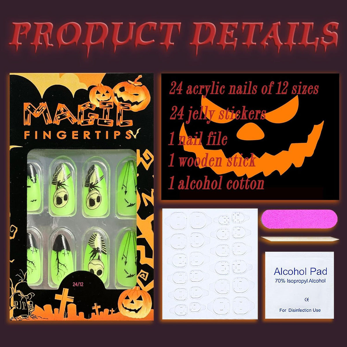 Halloween Press on Nails Medium Almond MABKJLF Fake Nails Glow in The Dark Full Cover Nightmare Christmas False Nails Glossy Glue on Nails Artificial Acrylic Nails for Women Girls 24 Pcs