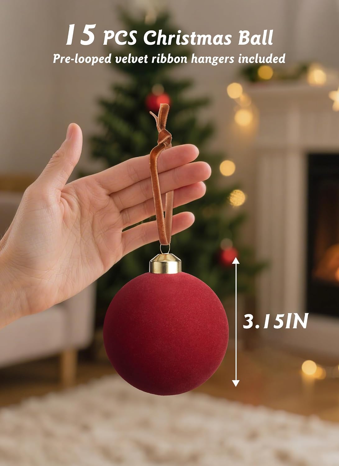 Brightown 15 Pcs Red Velvet Christmas Ornaments Balls Set, 3.15 Inch Balls