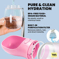 MalsiPree Leak-Proof Portable Dog Water Bottle for Travel - 19 oz, with Pink Bowl - Food Grade Plastic - Dog Bowls - Puppy Essentials - Pet Water Bottle for Trail Hiking, Park Visit & Beach Days