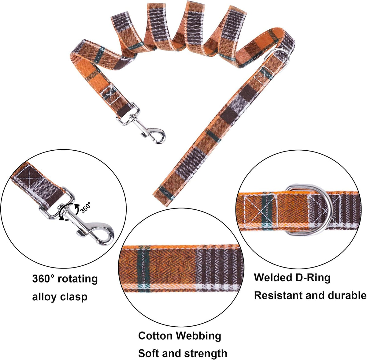 ADOGGYGO Fall Dog Leash, Orange Plaid Thanksgiving Leash for Dog, 5FTx1''