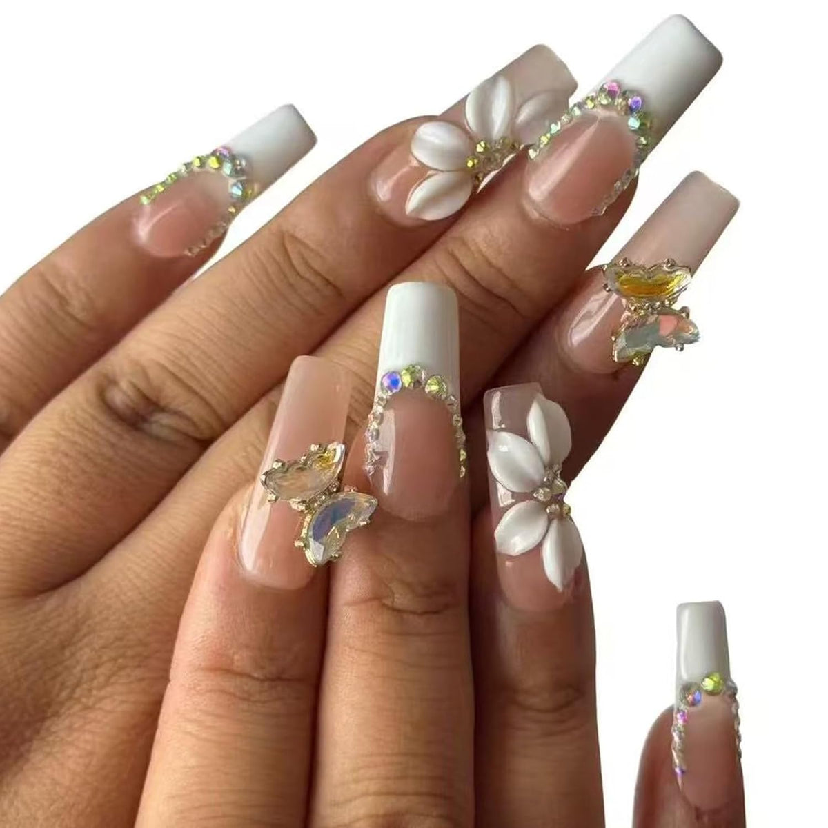 Luxury Handmade Press on Nails - Long Square White French Tips Press on Nail with Almond 3D Rhinestones, Flowers & Butterflies, Acrylic Multi-Layer Gel False Nails for Women (10Pcs Size M)