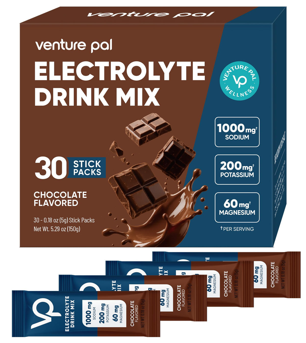 Venture Pal High Sodium Sugar-Free Electrolyte Powder Packets - Hydration Packets with Sodium, Potassium & Magnesium | Zero Calories | Keto, Vegan, and Paleo Friendly | 16 Sticks
