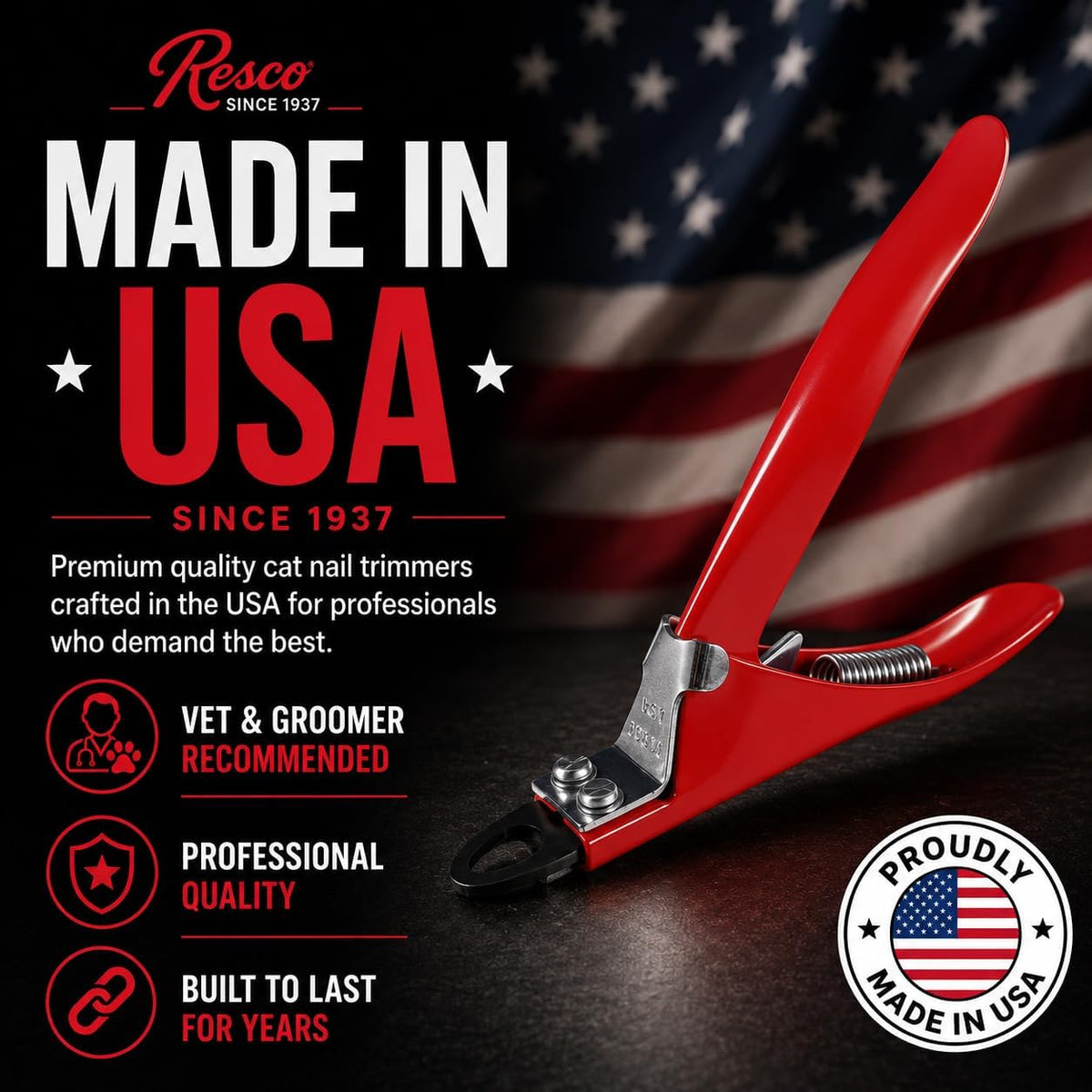 Resco Original Cat Nail Clippers – USA-Made Professional Feline Claw Trimmer, Heavy Duty Steel – Red