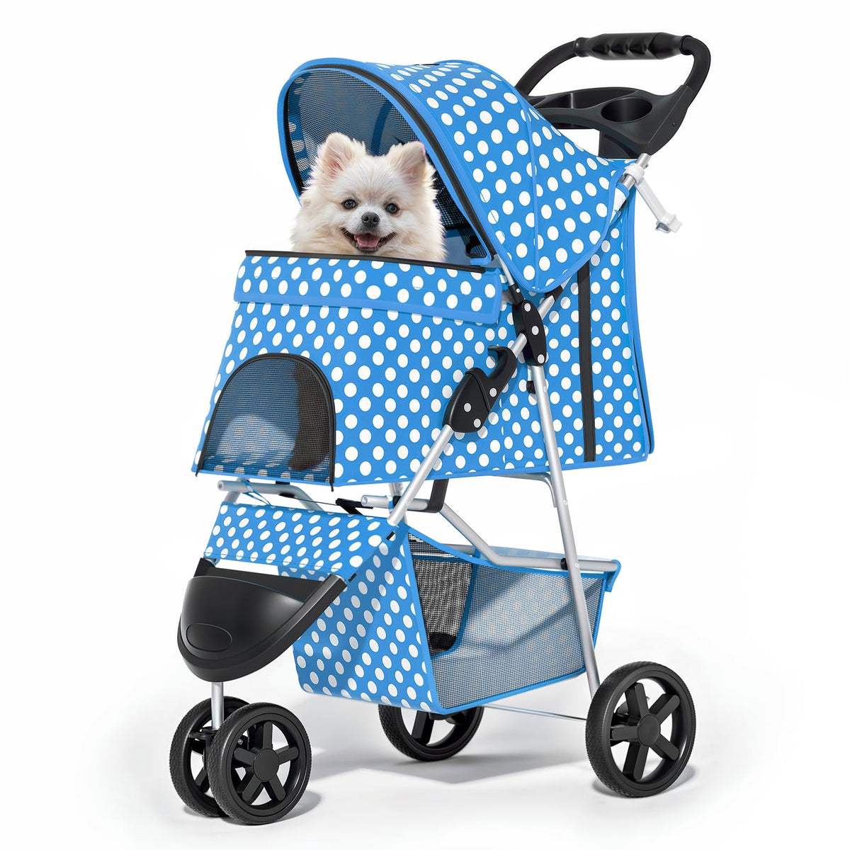 MoNiBloom 3 Wheels Pet Stroller, Foldable Dog Cat Cage Jogger Stroller with Weather Cover for All-Season, Storage Basket and Cup Holder, Breathable and Visible Mesh for Small/Medium Pets, Blue